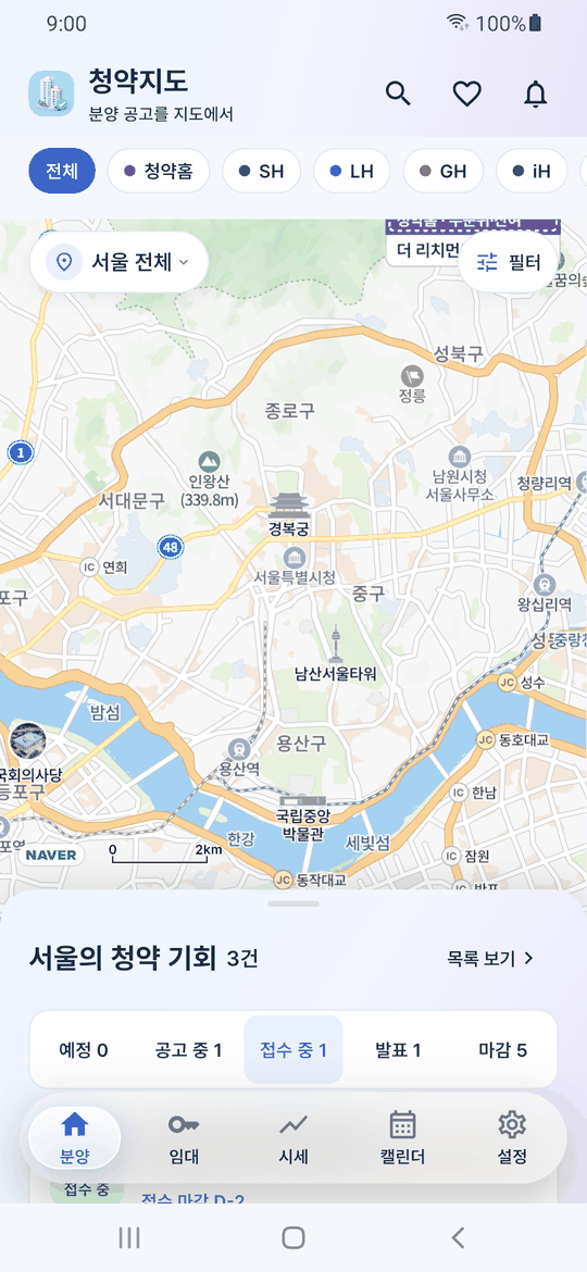 분양 탭 — 지도 위 단지 말풍선 마커와 예정·공고 중·접수 중·발표·마감 단계 칩